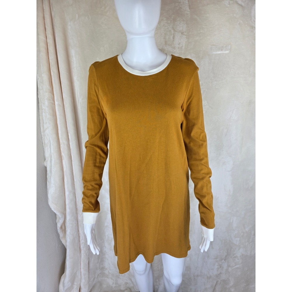 Forever 21 Mustard Yellow Long Sleeve Knit Mini Dress White Trim Size Medium